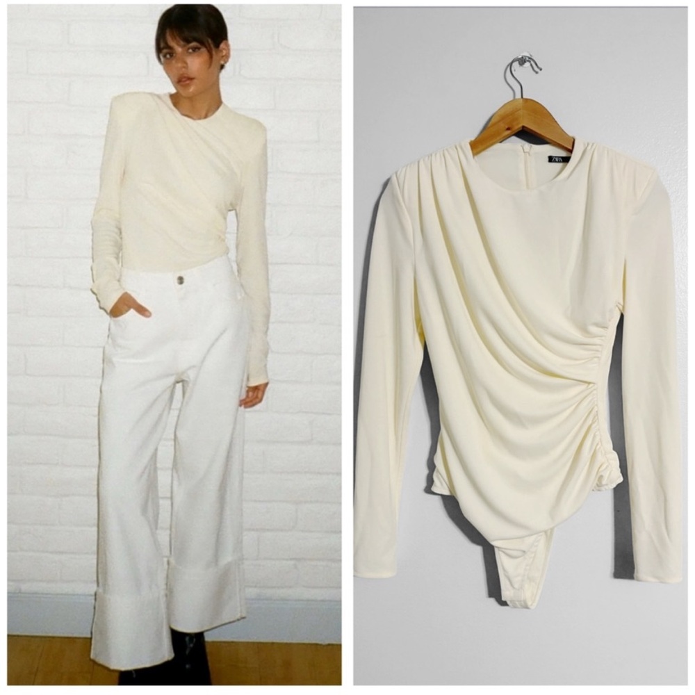 Zara Cream Draped Long-Sleeve Bodysuit